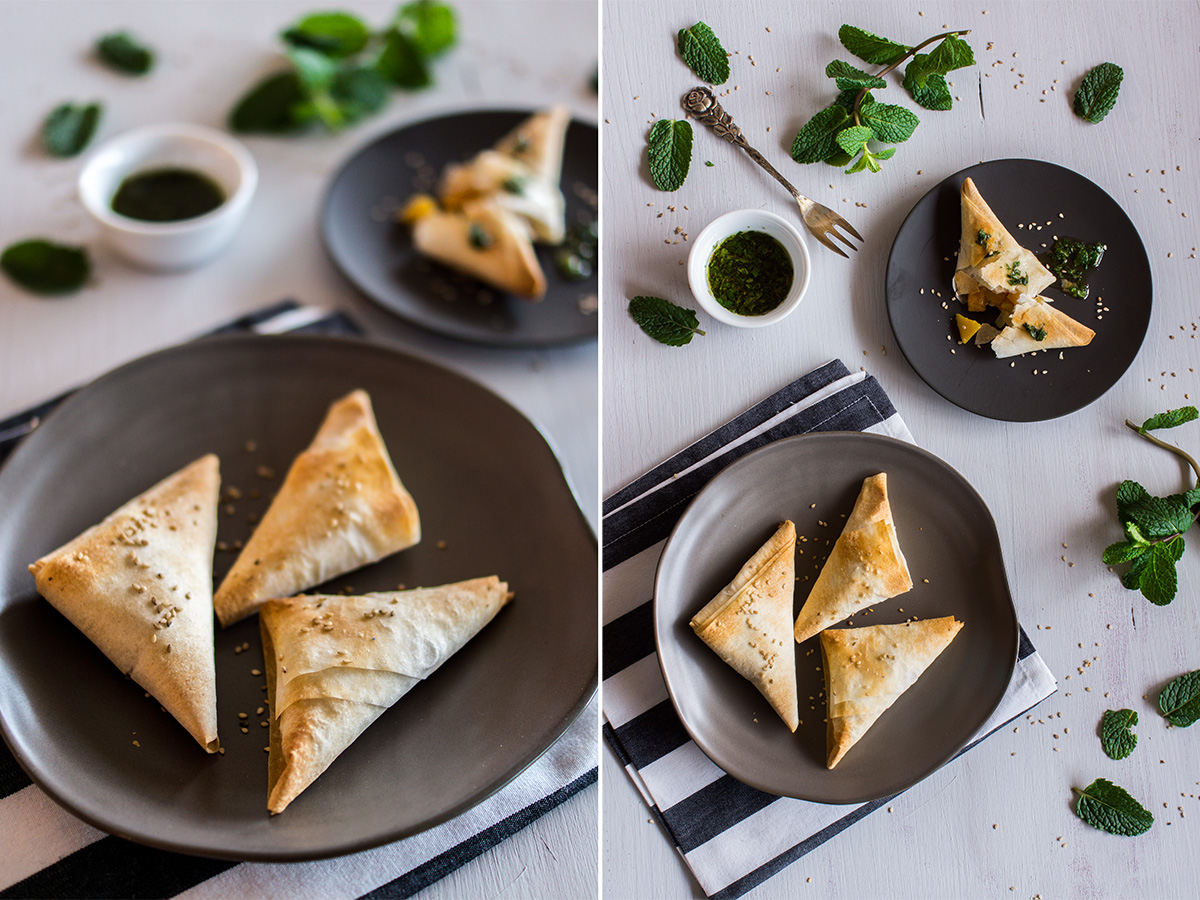 Kürbis-Feta Filoteigtaschen mit Minzdip