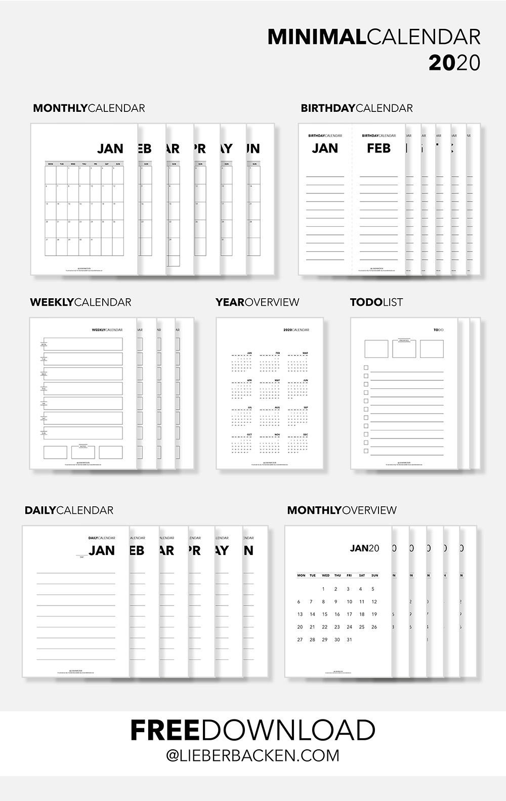 Minimal Calender 2020 Free Printable| Kalender 2020 zum Ausdrucken - Gratis Download als PDF-Datei