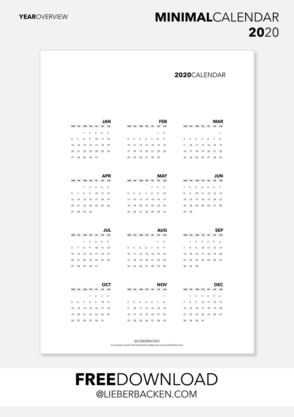 Year Overview - Free Printable Calender 2020 | Gratis Download Kalender 2020