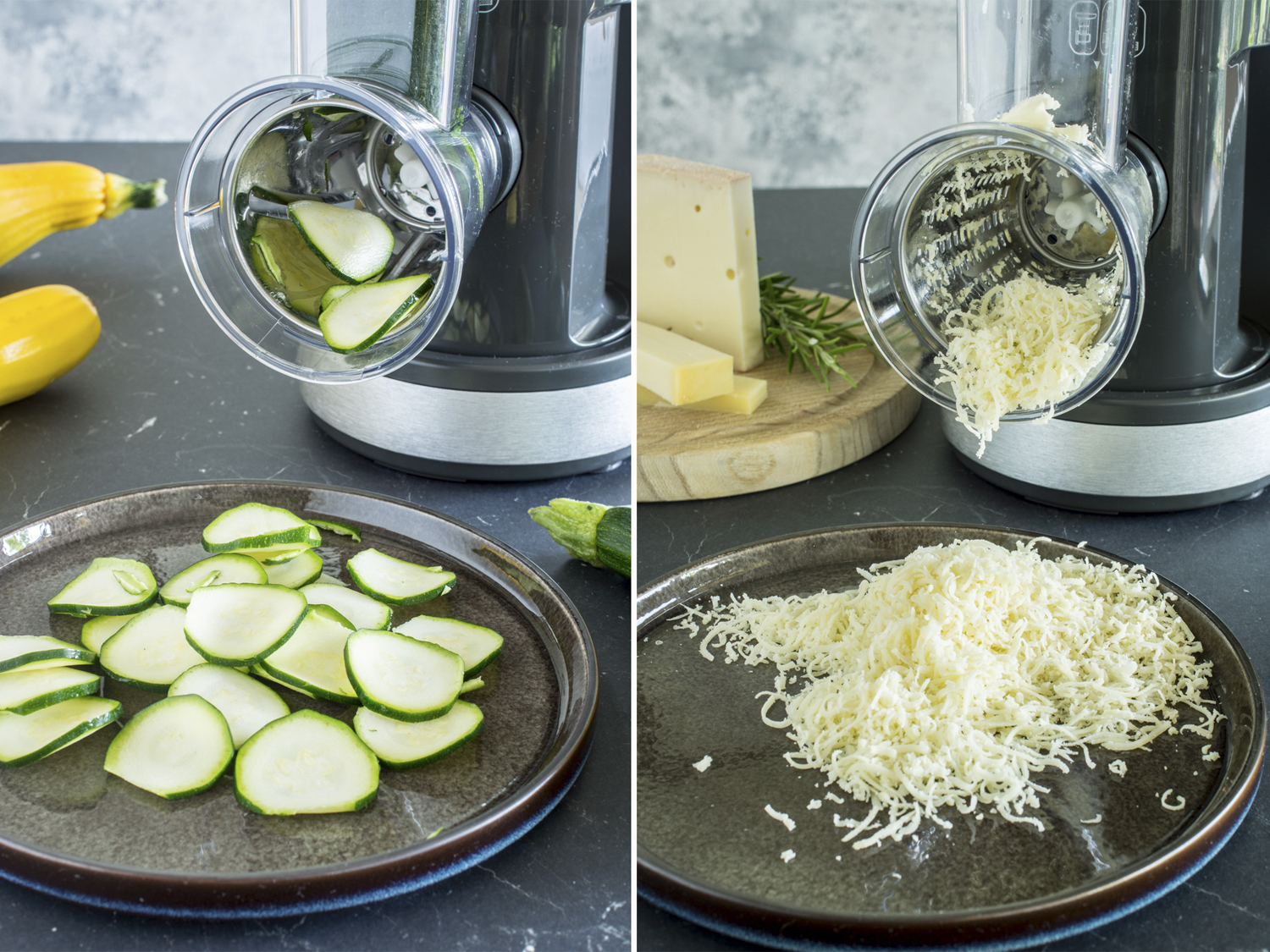 Zucchini in Scheiben schneiden oder Käse raspeln mit der KURPS Master Perfect Gourmet Küchenmaschine