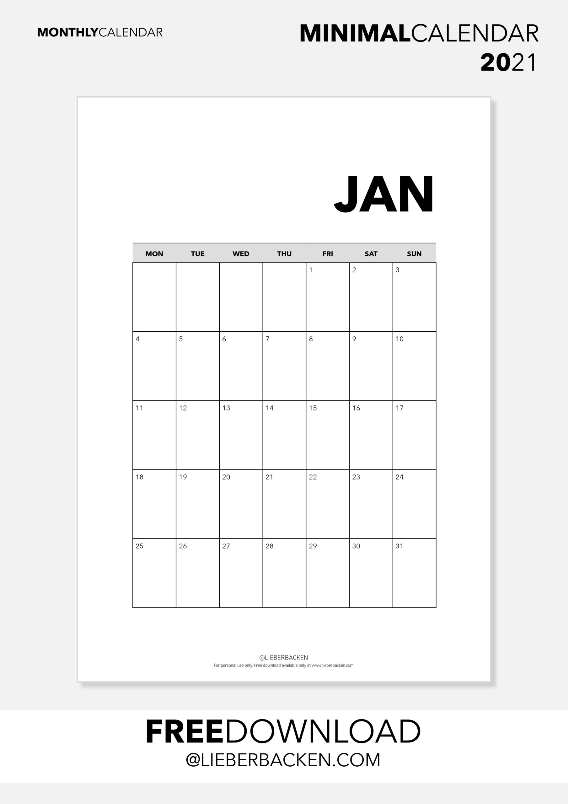 Minimal Calendar 2021 | Monthly Calendar 2021 | Free Download | Kostenloser Download