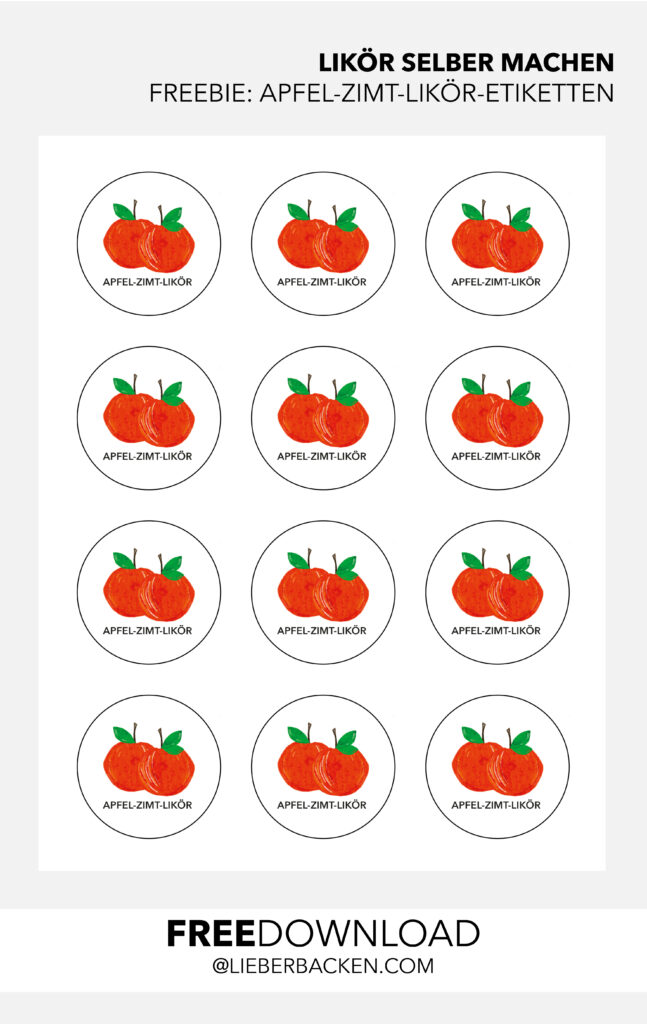 Kostenlose Etiketten für Likör | Apfel-Zimt-Likör Etiketten zum Ausdrucken oder Ausstanzen