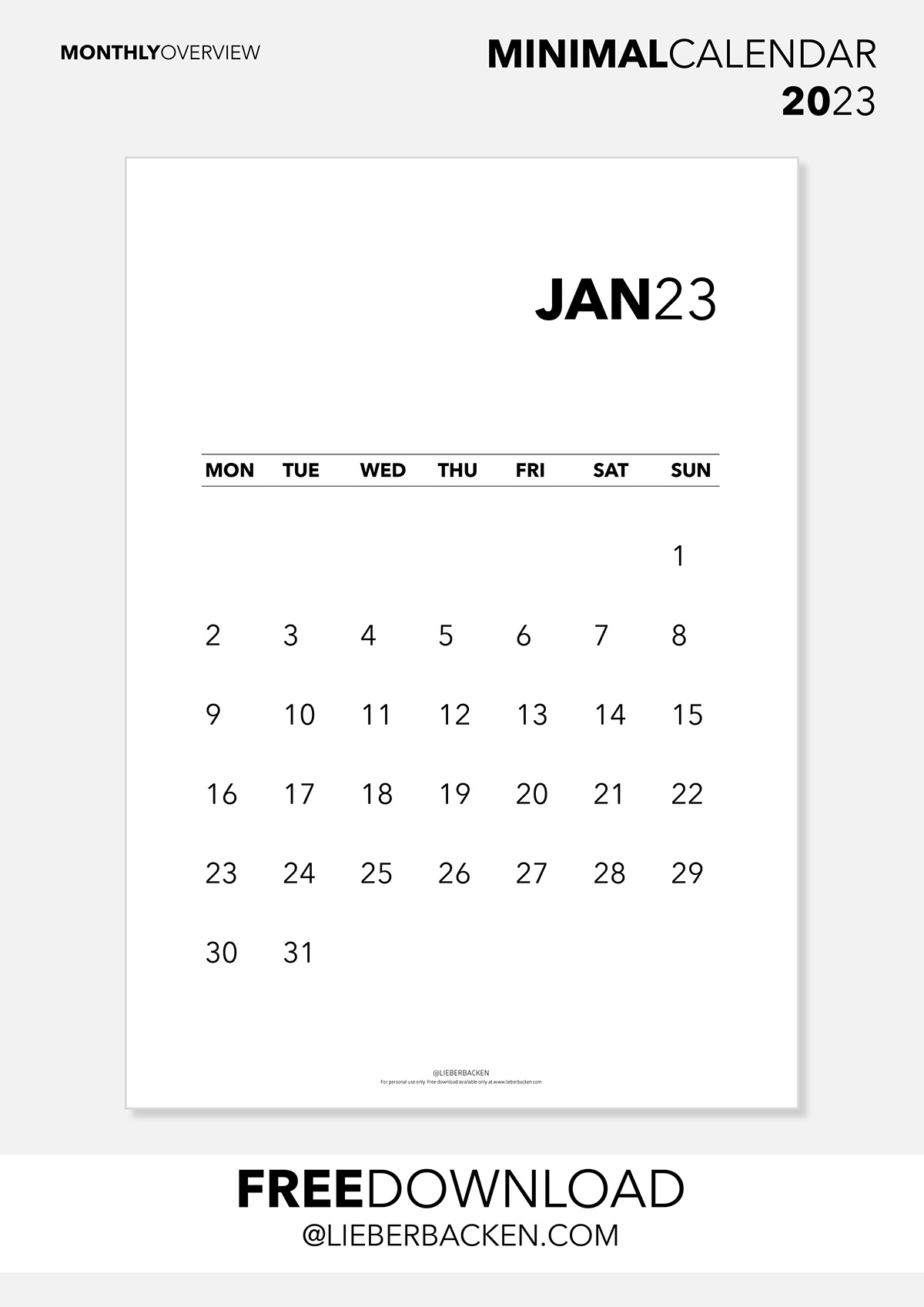 Minimal Calendar 2023 Monthly Overview - Free Download