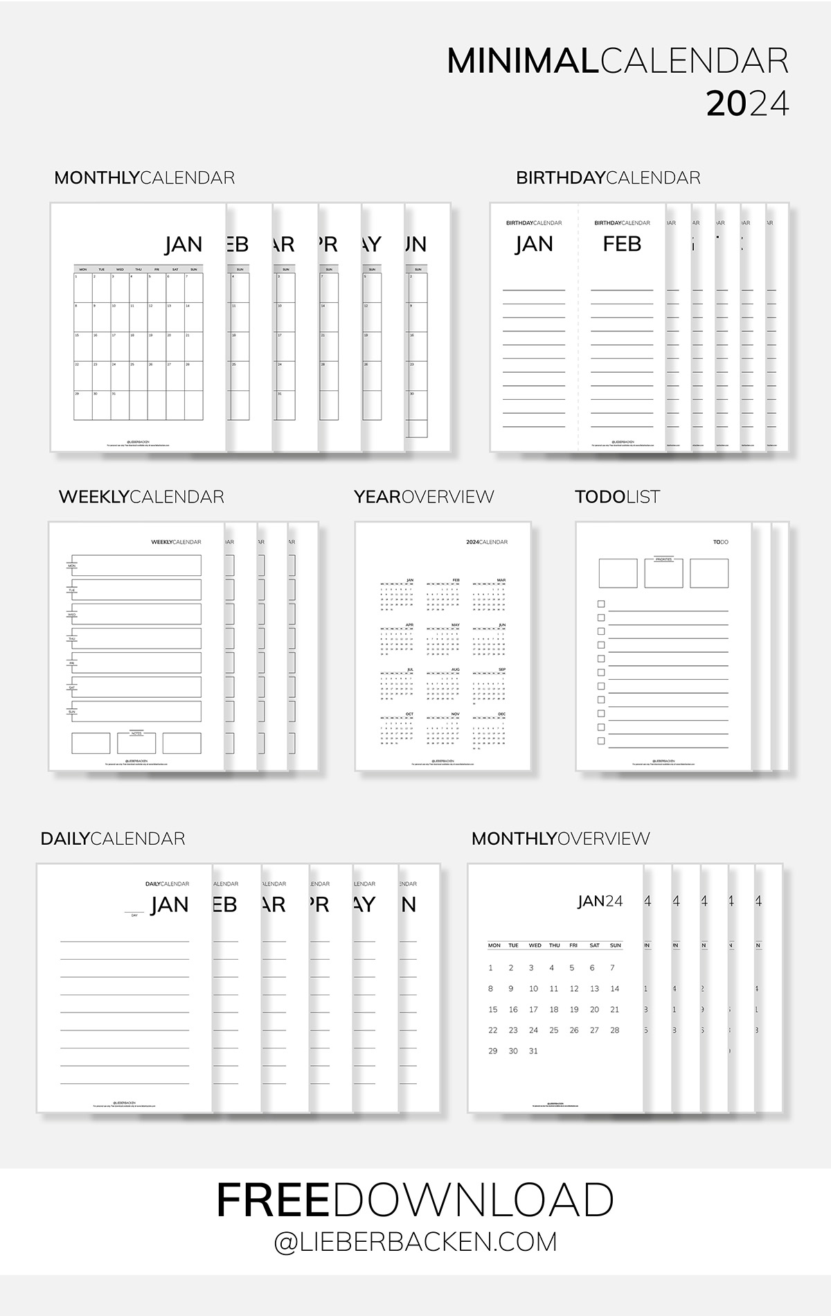 Minimal Calendar 2024 (Free Printables) | Minimalistischer Kalender 2024 - Gratis Download - by LieberBacken