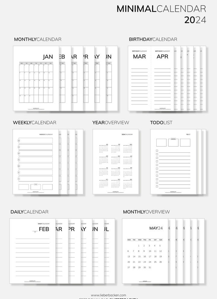 Minimal Calendar 2024 (Free Printables) | Minimalistischer Kalender 2024 - Gratis Download - by LieberBacken