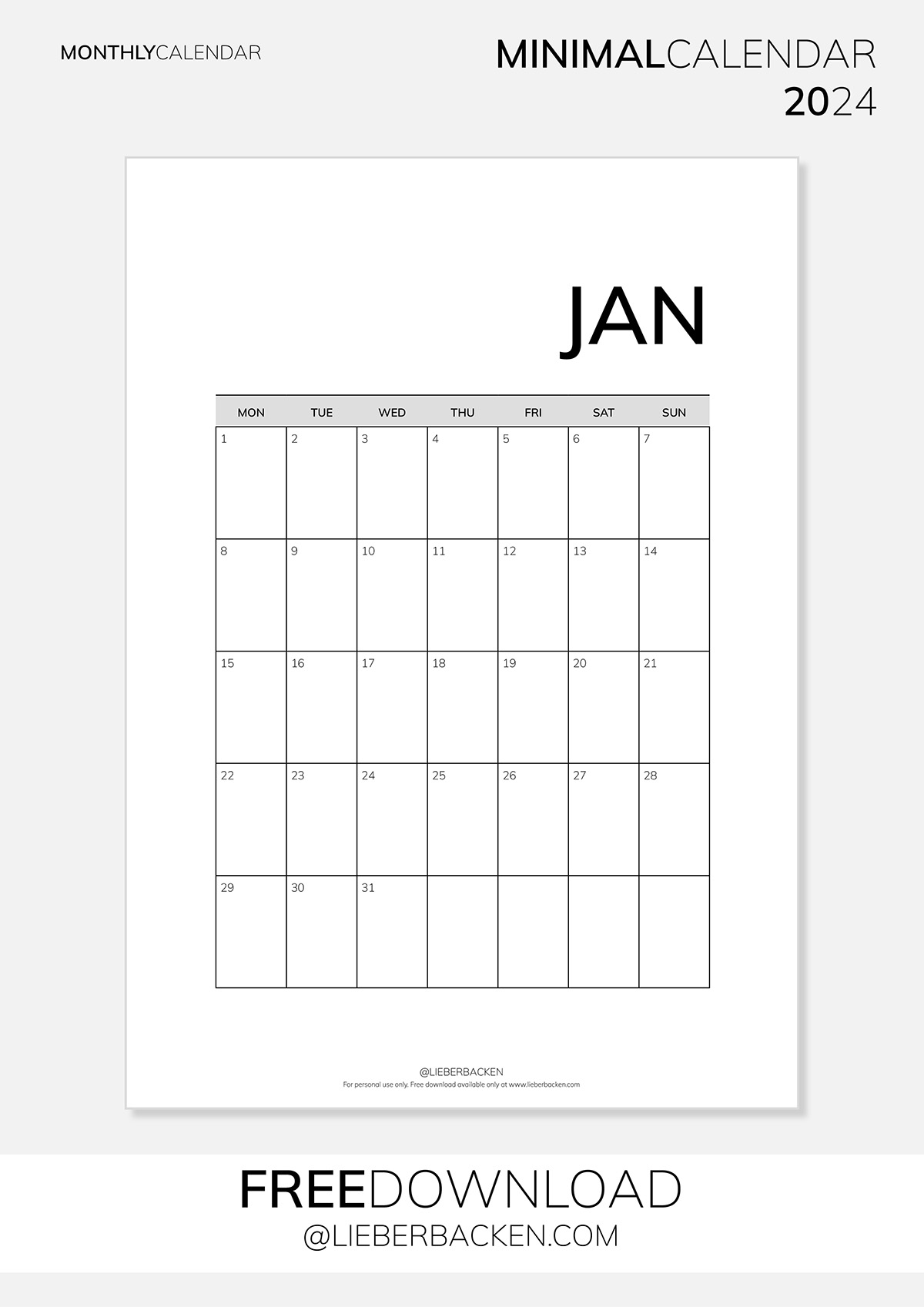 Monthly Calendar | Minimalistischer Kalender - Kostenloser Kalender 2024 (Gratis Download)