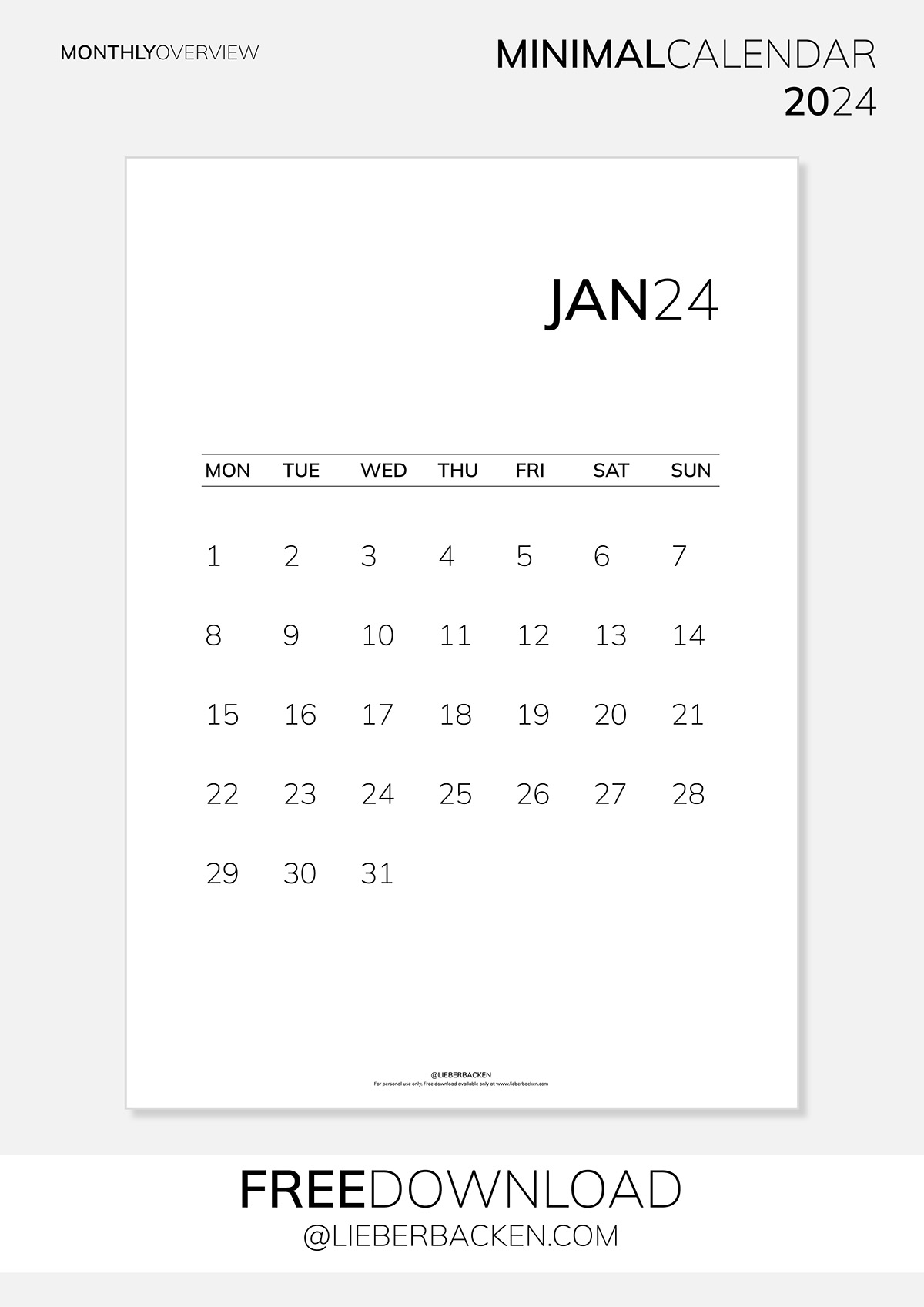 Minimal Calendar 2024 Monthly Overview - Free Download