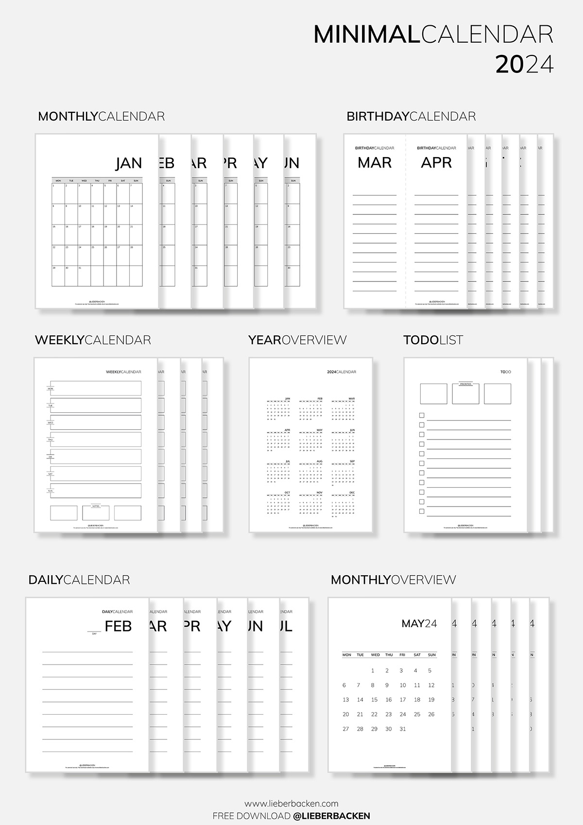 Minimal Calendar 2024 (Free Printables) | Minimalistischer Kalender 2024 - Gratis Download - by LieberBacken