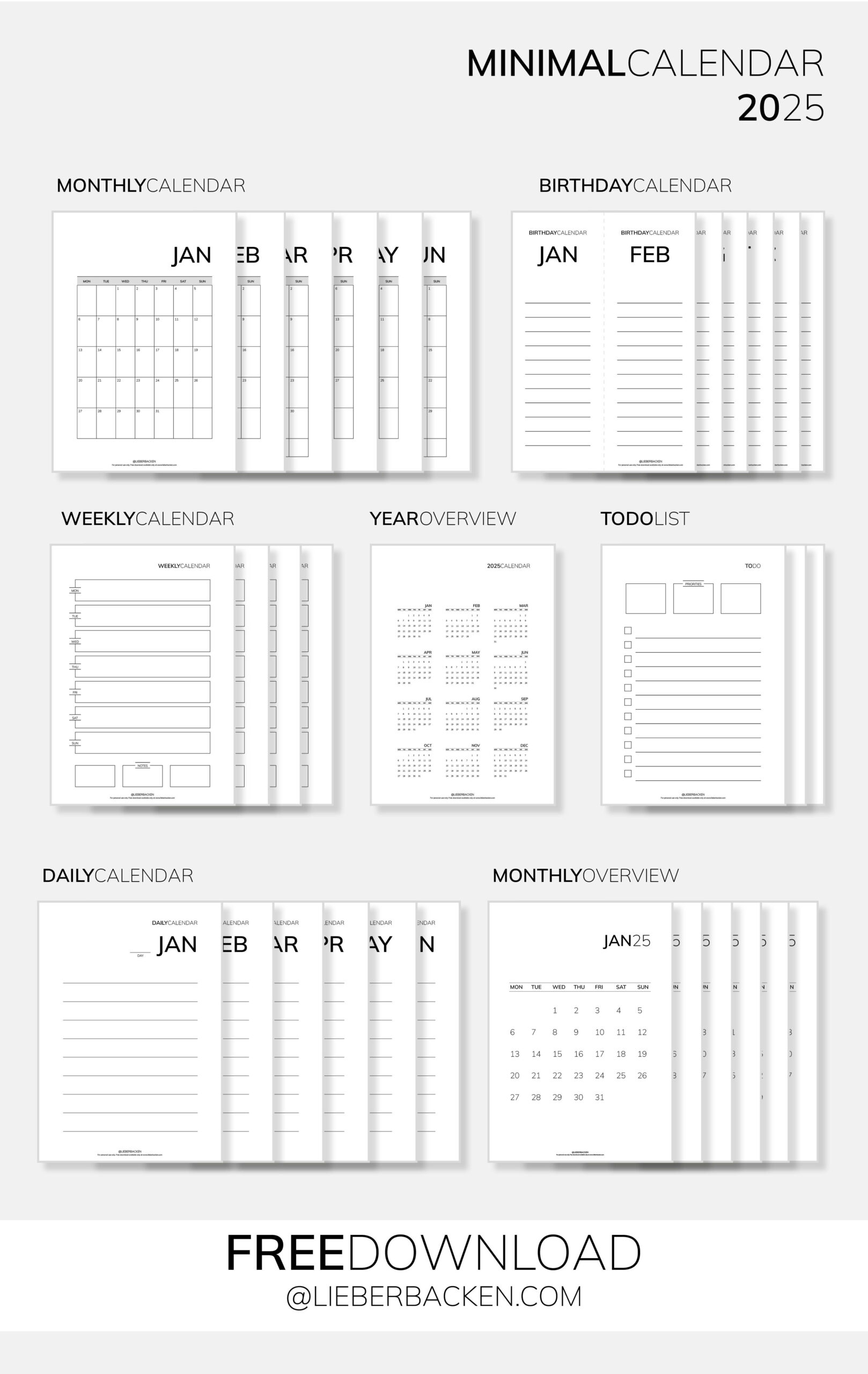 Minimal Calendar 2025 (Free Printables) | Minimalistischer Kalender 2025 - Gratis Download - by LieberBacken
