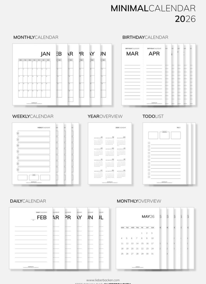 Minimal Calendar 2026 (Free Printables) | Minimalistischer Kalender 2026 - Gratis Download - by LieberBacken