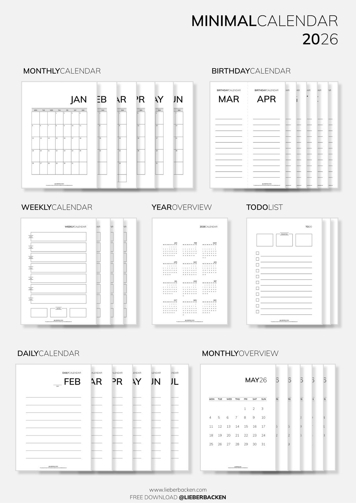 Minimal Calendar 2026 (Free Printables) | Minimalistischer Kalender 2026 - Gratis Download - by LieberBacken