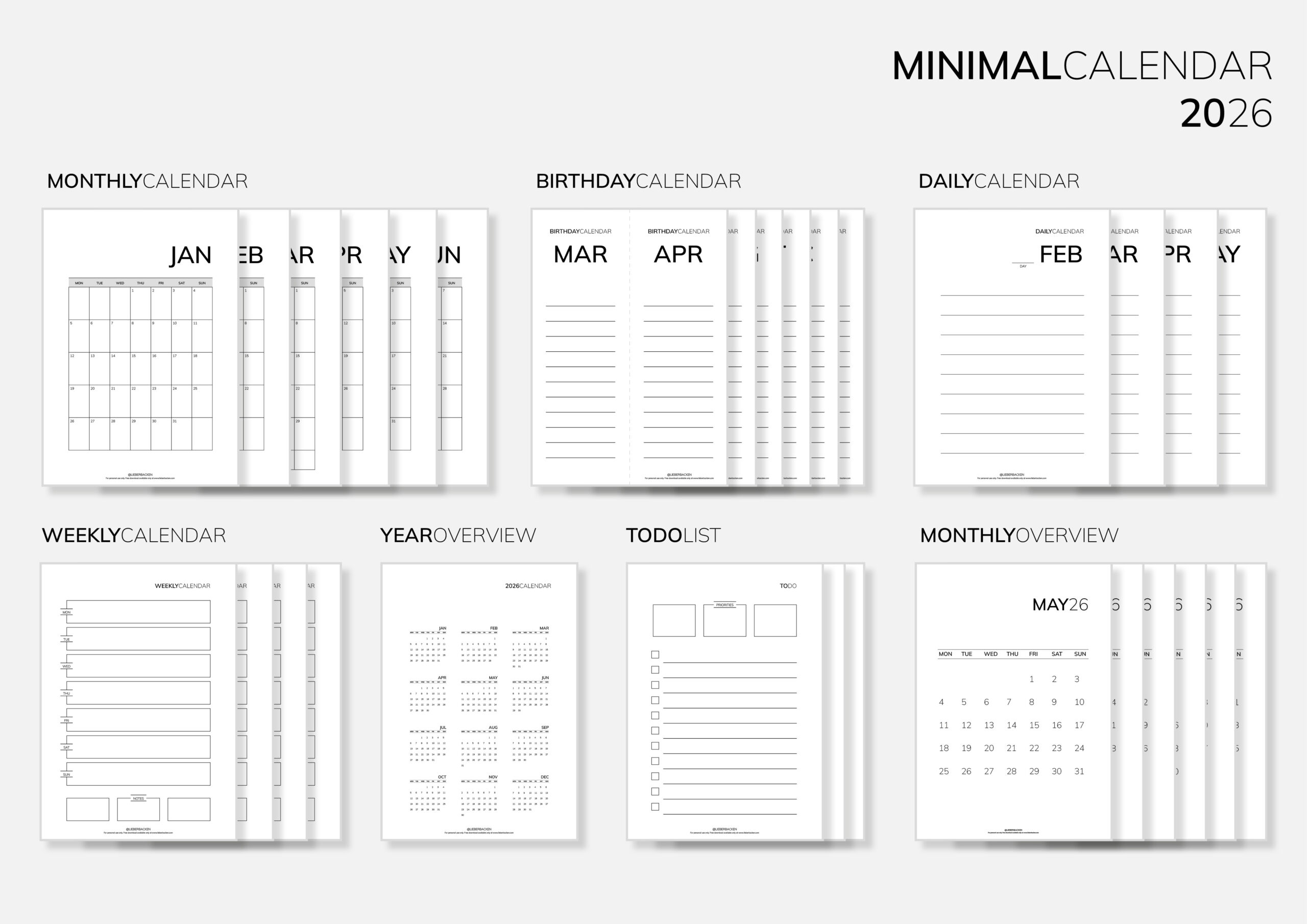 Minimal Calendar 2026 (Free Printables) | Minimalistischer Kalender 2026 - Gratis Download - by LieberBacken
