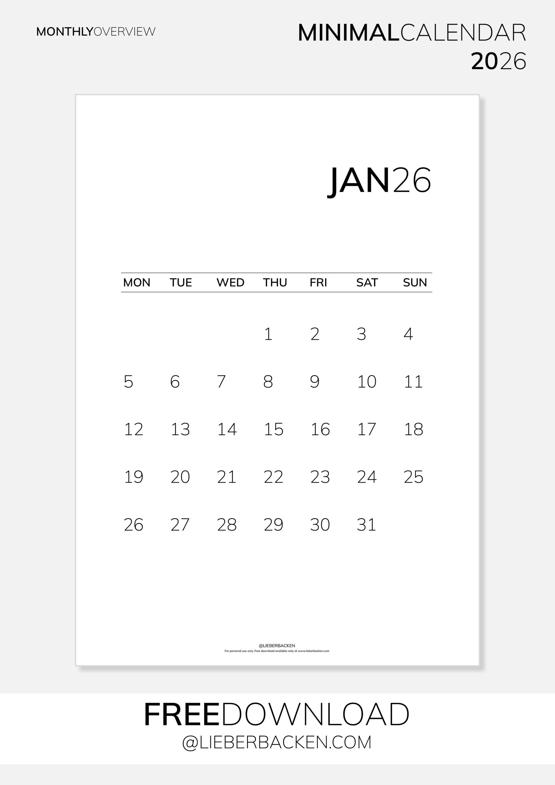 Minimal Calendar 2026 Monthly Overview - Free Download
