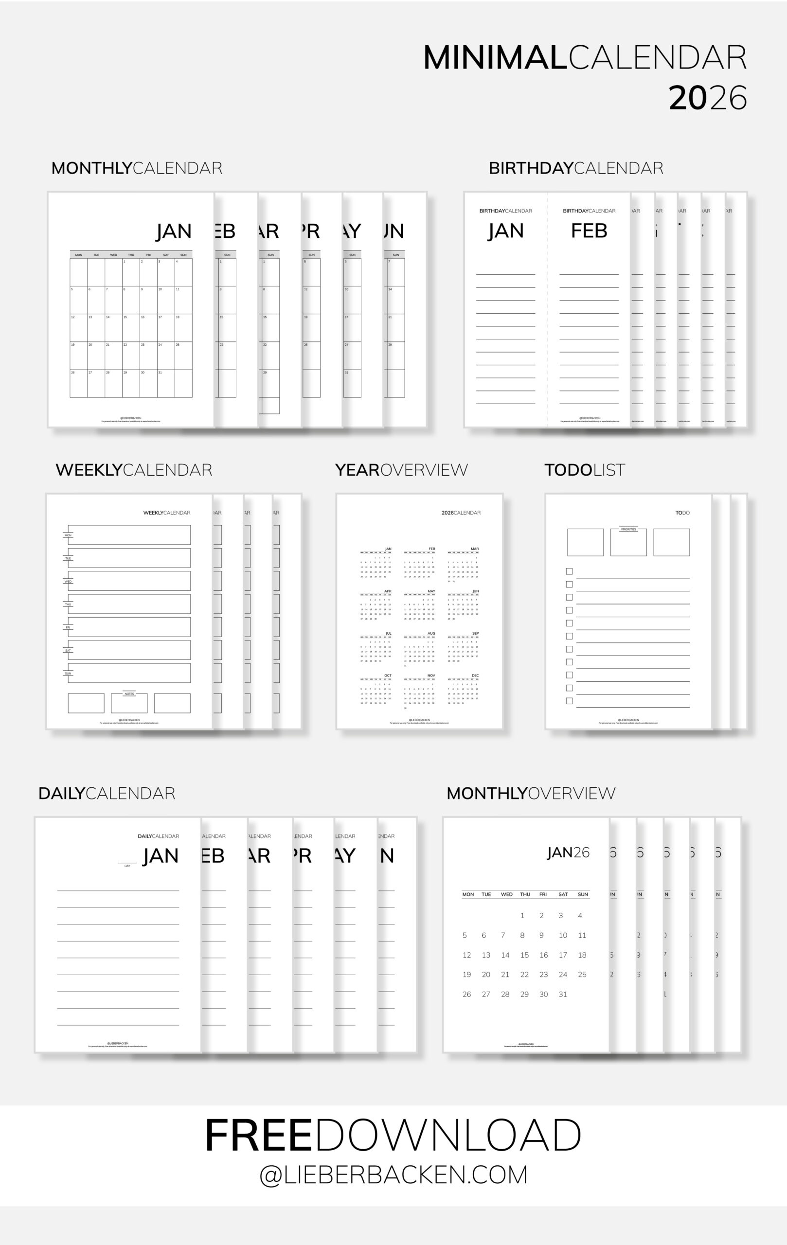 Minimal Calendar 2026 (Free Printables) | Minimalistischer Kalender 2026 - Gratis Download - by LieberBacken