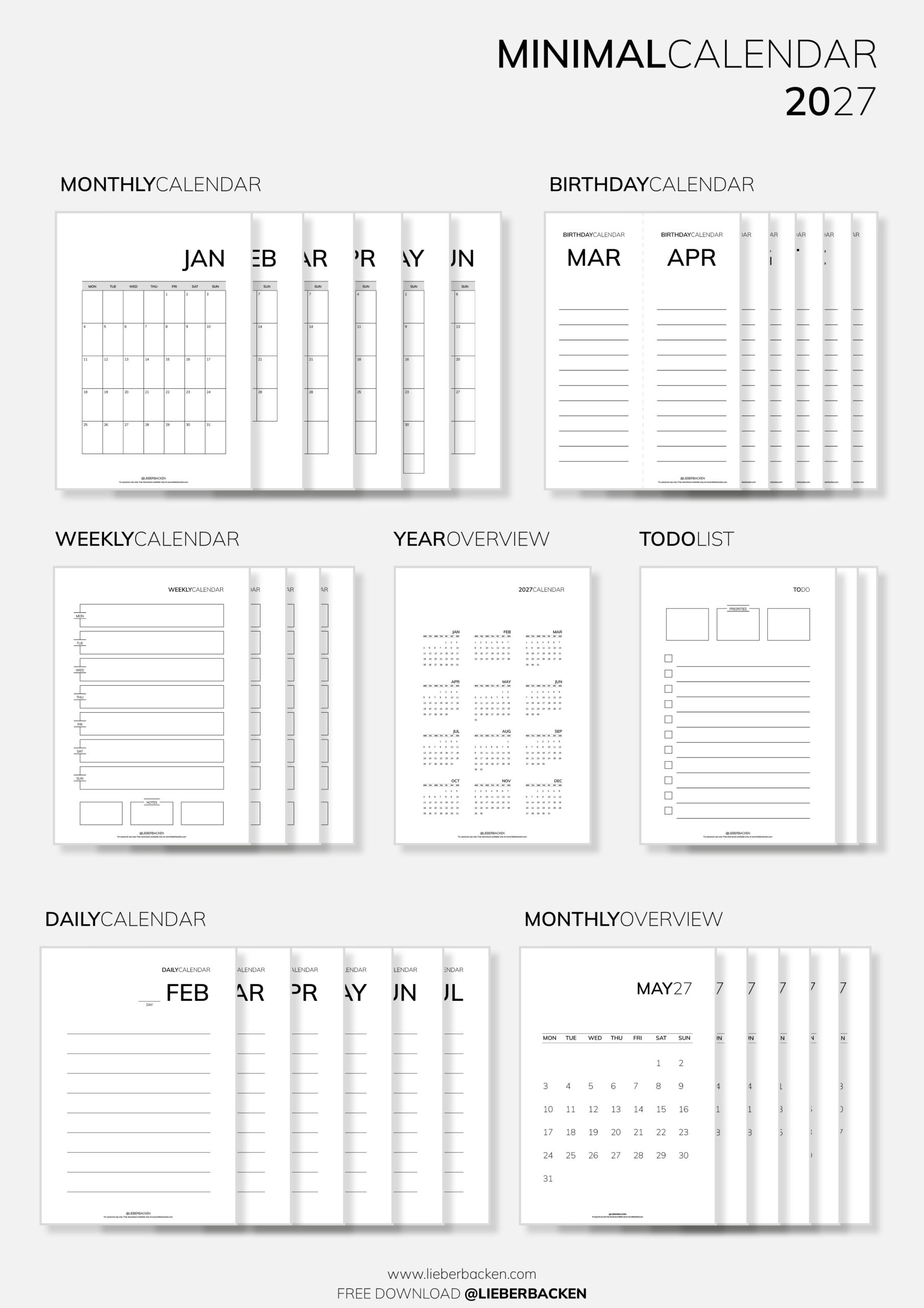 Minimal Calendar 2027 (Free Printables) | Minimalistischer Kalender 2027 - Gratis Download - by LieberBacken