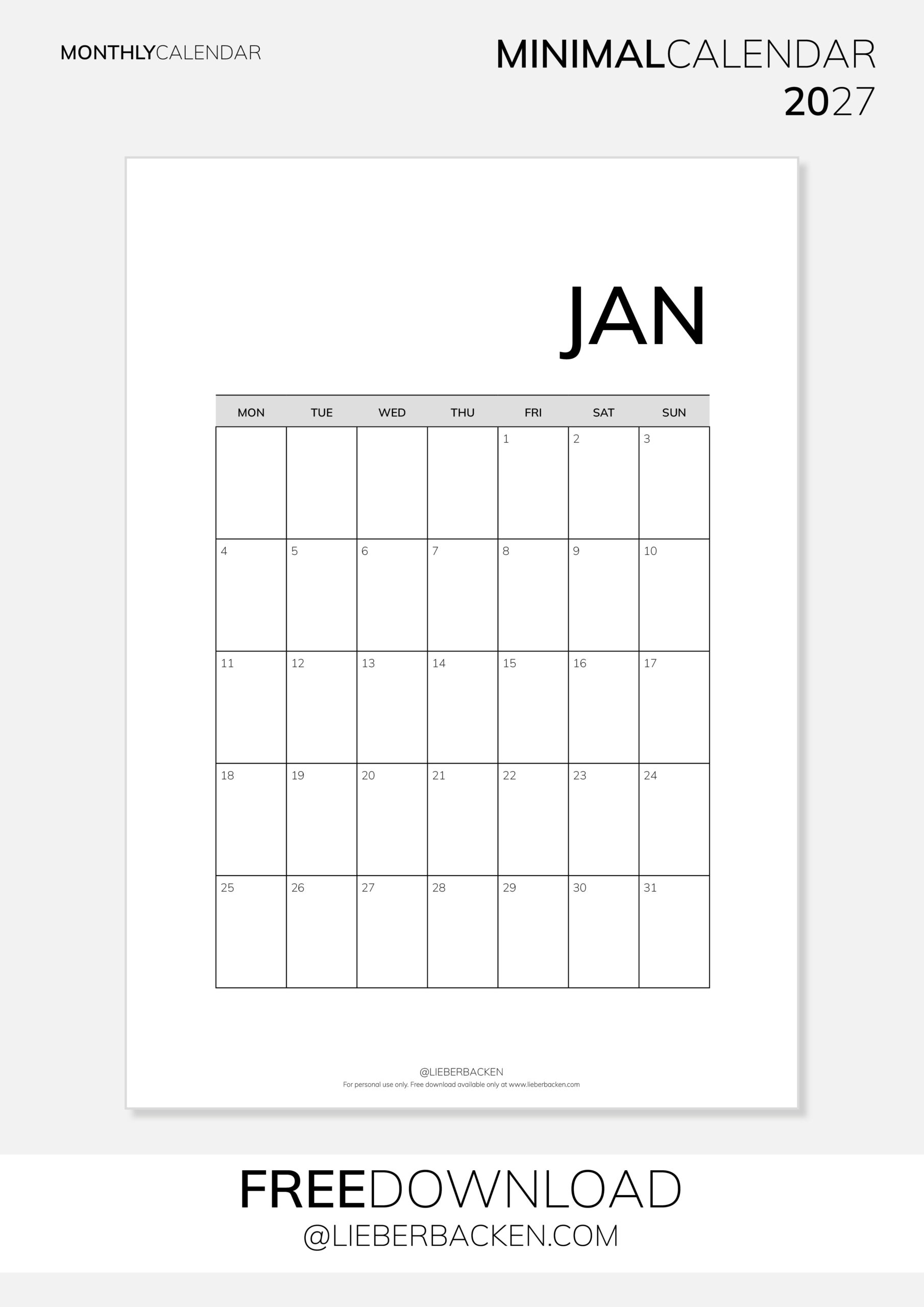 LieberBacken Minimal Calendar 2027 - Monthly Calendar