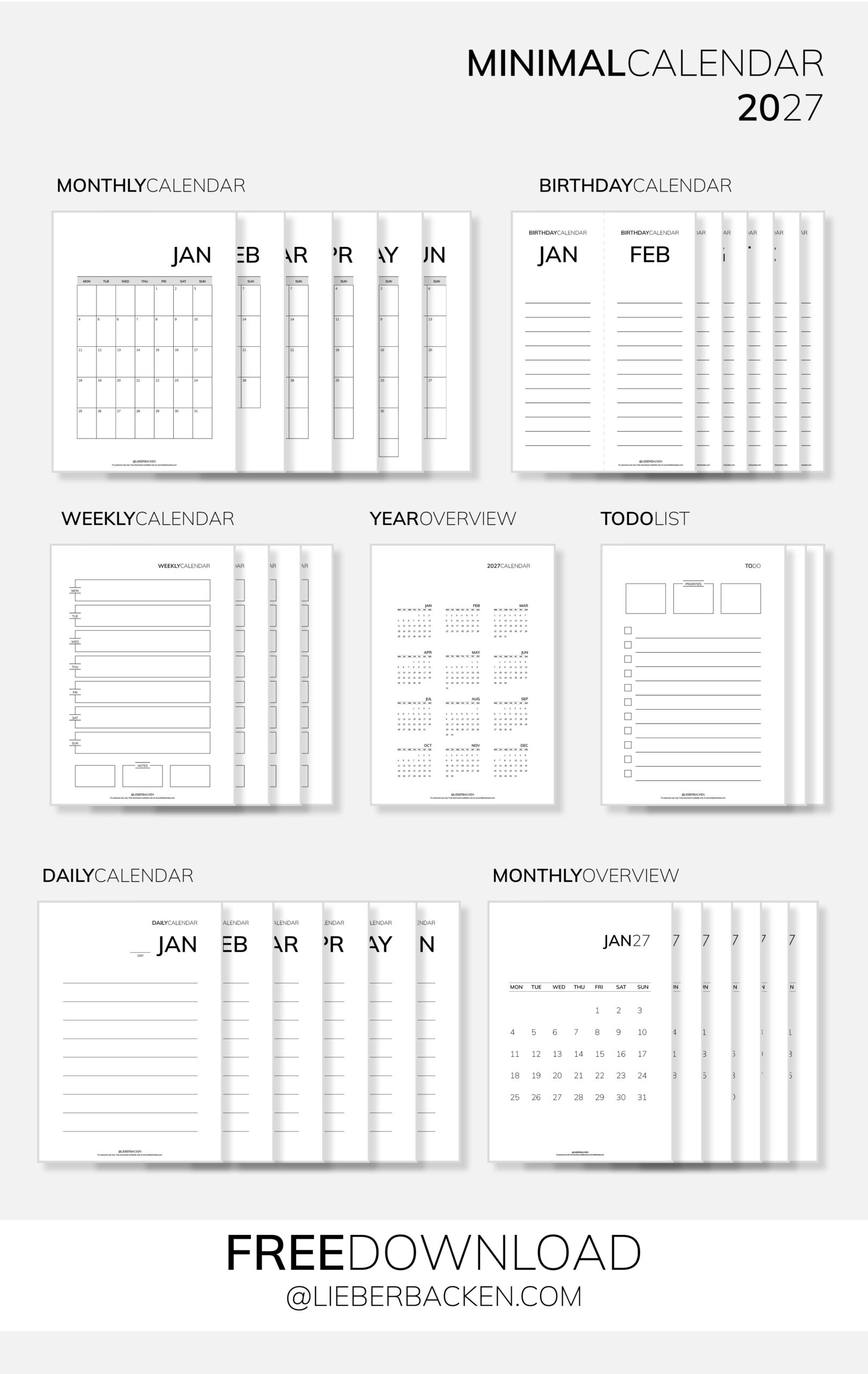 Minimal Calendar 2027 (Free Printables) | Minimalistischer Kalender 2027 - Gratis Download - by LieberBacken
