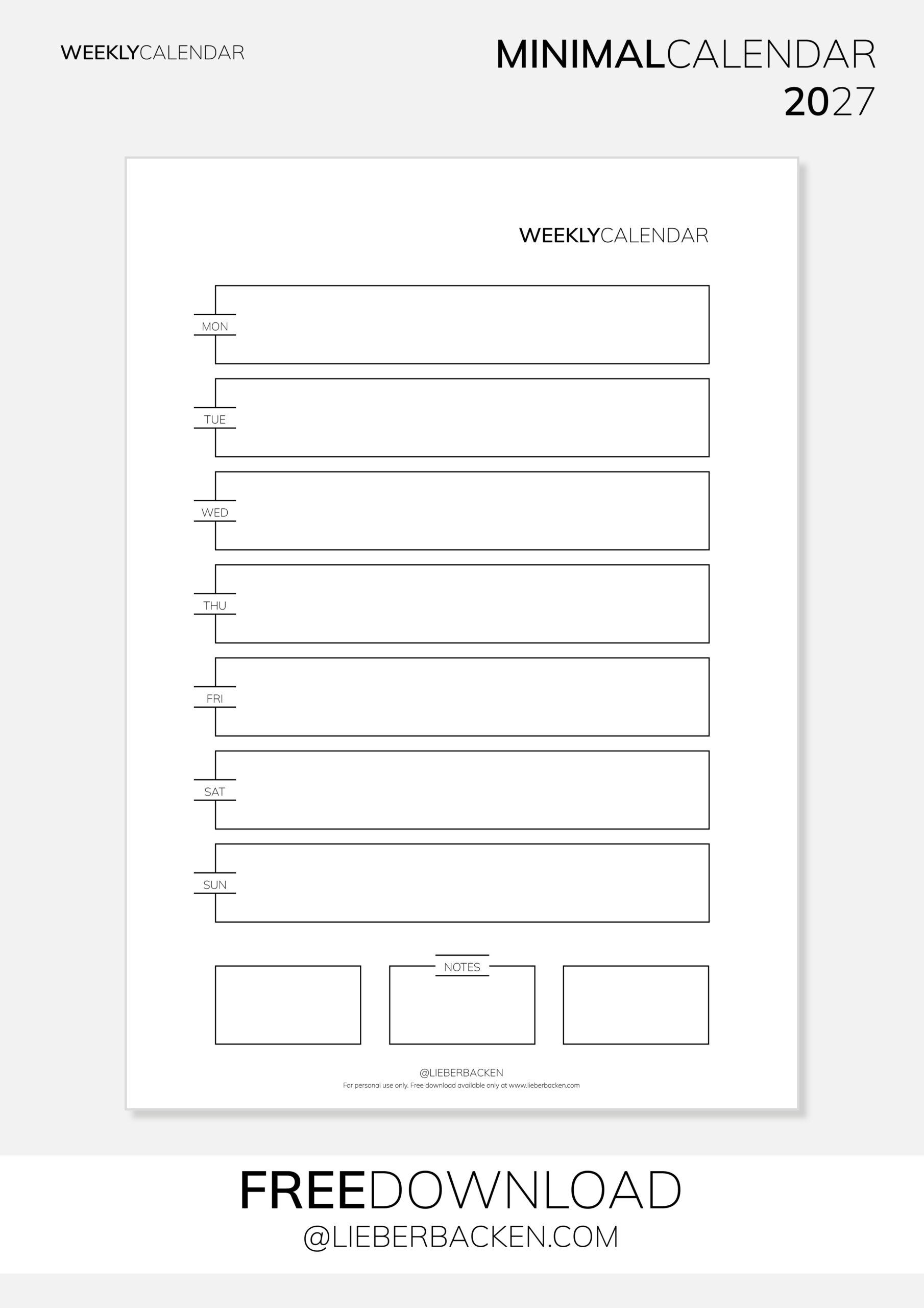 Weekly Calendar 2027 Wochenübersicht Kalender Gratis Download